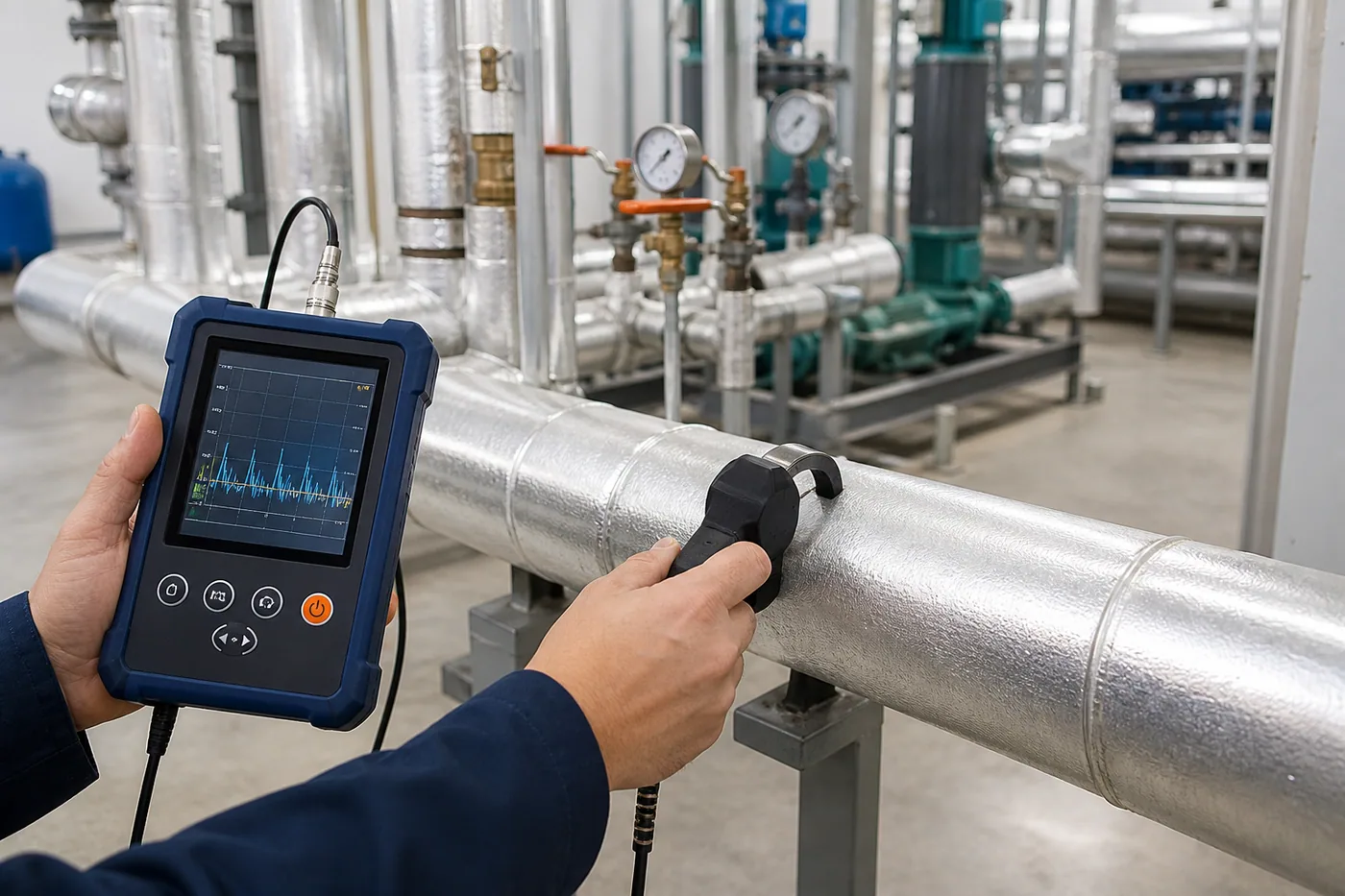 Diagnostic equipment checking water distribution piping in a commercial mechanical room in Baytown