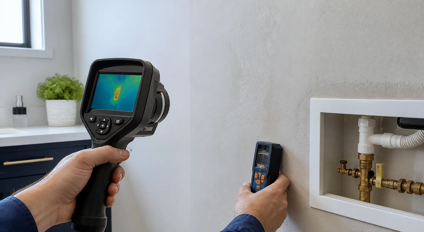 Thermal imaging camera and moisture meter checking a wall near plumbing access in Baytown