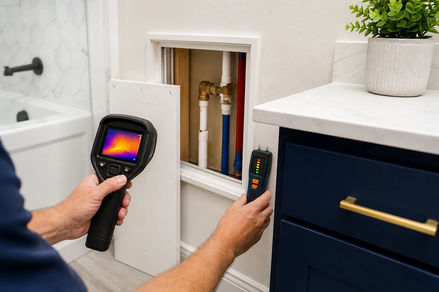 Moisture meter and thermal camera checking concealed plumbing inside a residential wall in Baytown