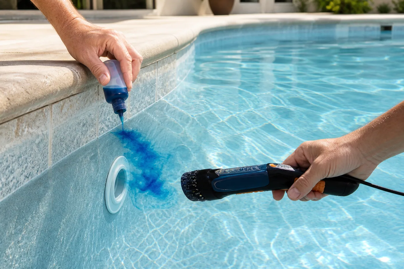 Dye test and inspection tool checking a swimming pool fitting for leakage in Baytown