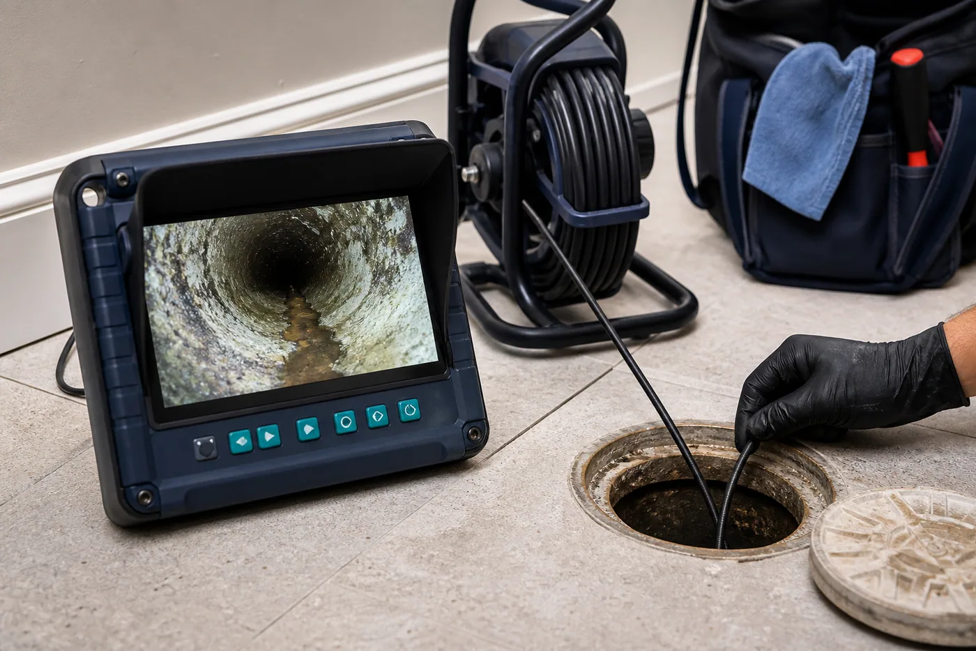 Drain camera monitor and cable used to investigate a sewer line condition in Baytown