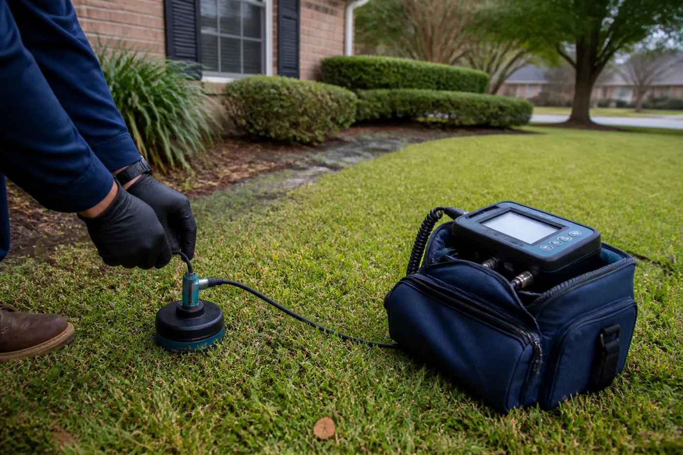 Ground microphone and diagnostic equipment checking a lawn for an underground water leak in Baytown